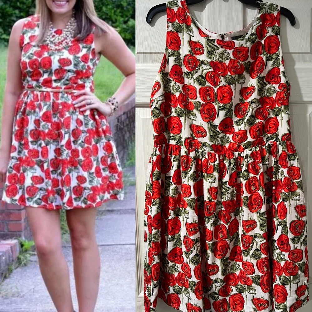 Anthropologie Sunday Brooklyn Dress Y2K Red Roses Floral Print Size L A005649